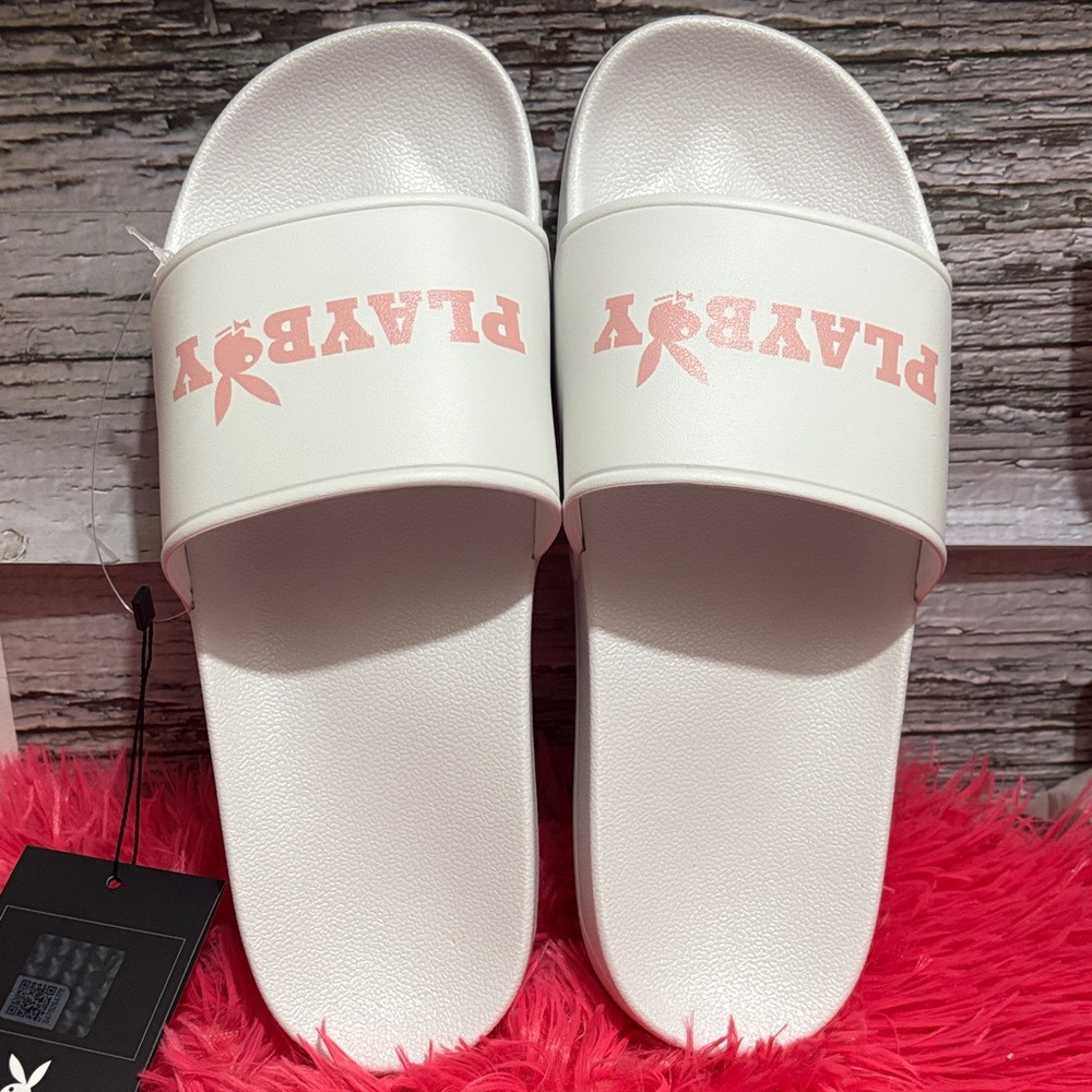 PLAYBOY White and Pink Slide Sandals